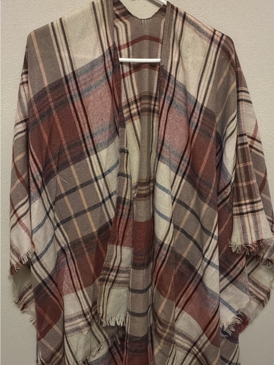 None Jackets & Blazers - Plaid Open-Front Cape Poncho in Brown & Cream